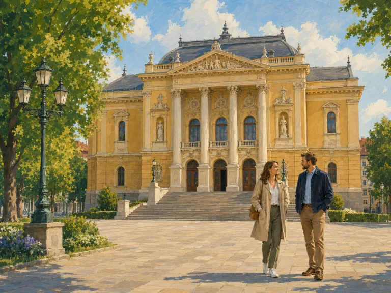 Pár beszélget a debreceni Déri Múzeum előtti téren