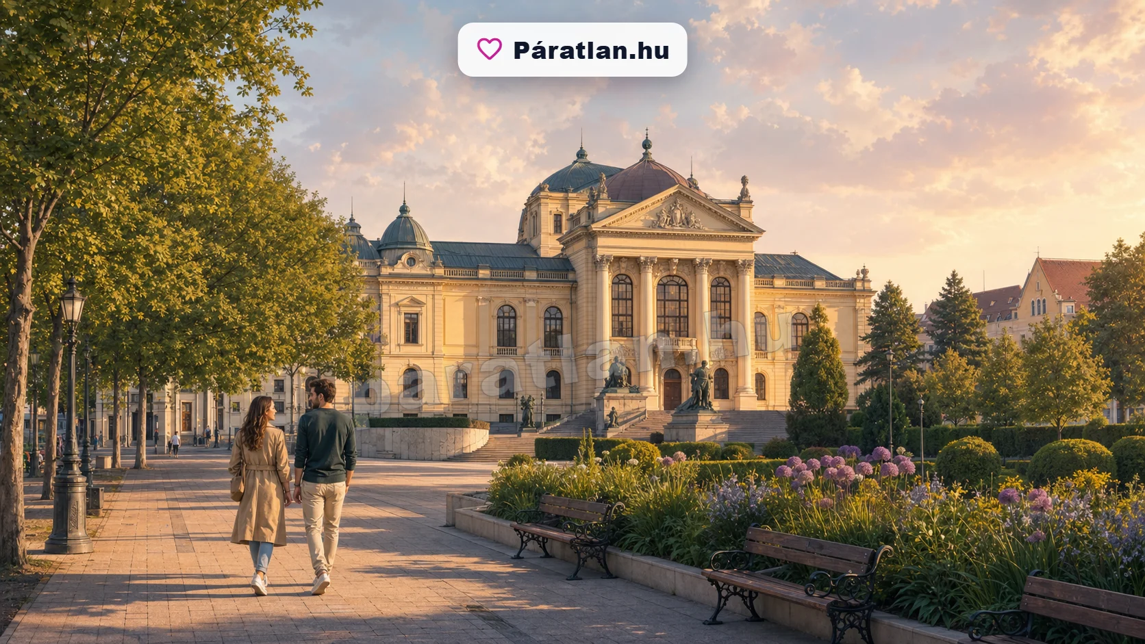 Debrecen városi hangulat egy sétáló párral