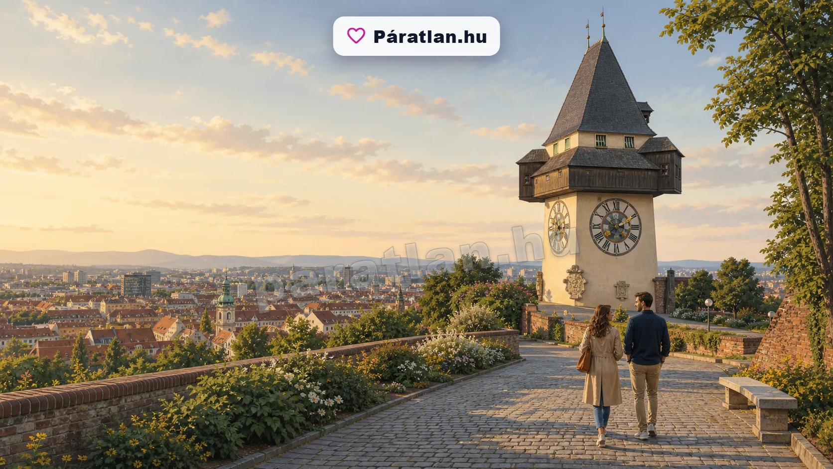 Graz városi hangulat egy sétáló párral