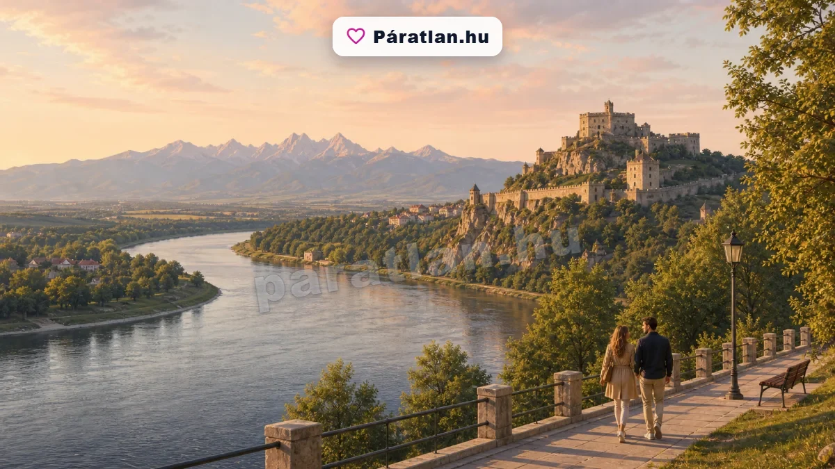 Felvidéki folyóvölgy hegyvidéki panorámával, történelmi várral és egy sétáló párral