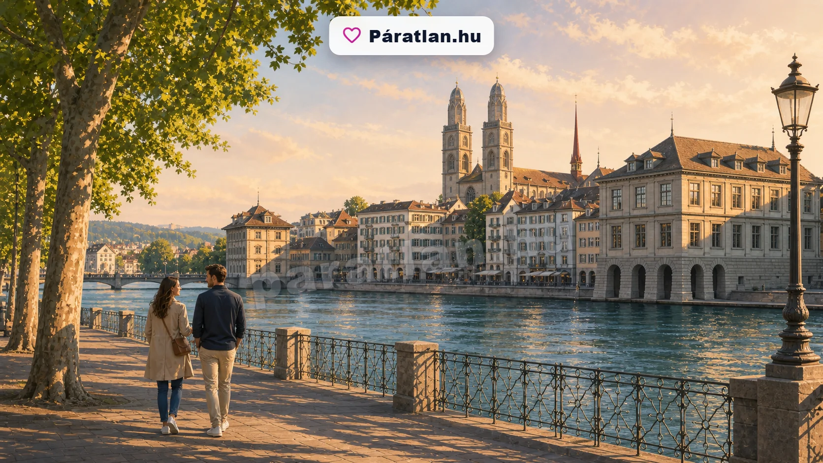 Zürich városi hangulat egy sétáló párral
